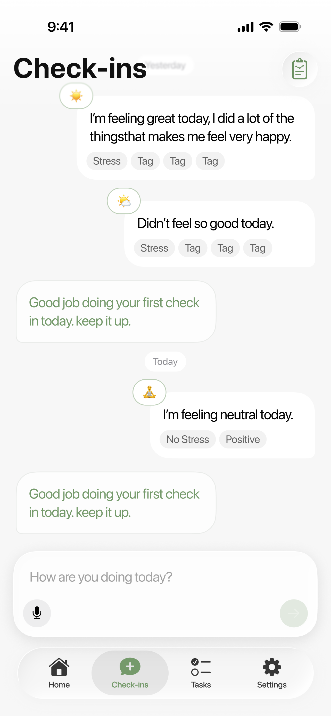 Therassist check-in chat view